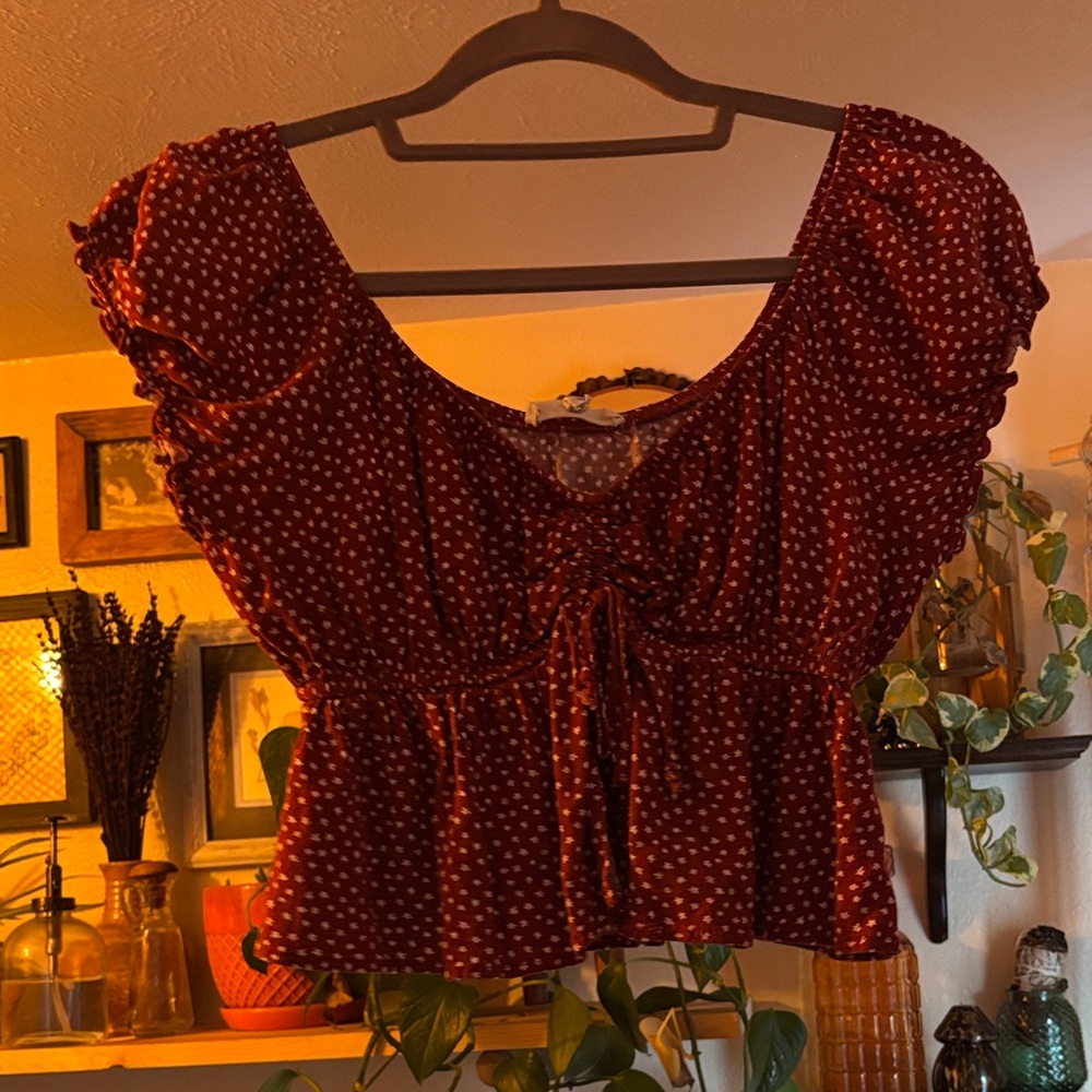 La Hearts Maroon Polka Dot Ruffle Blouse